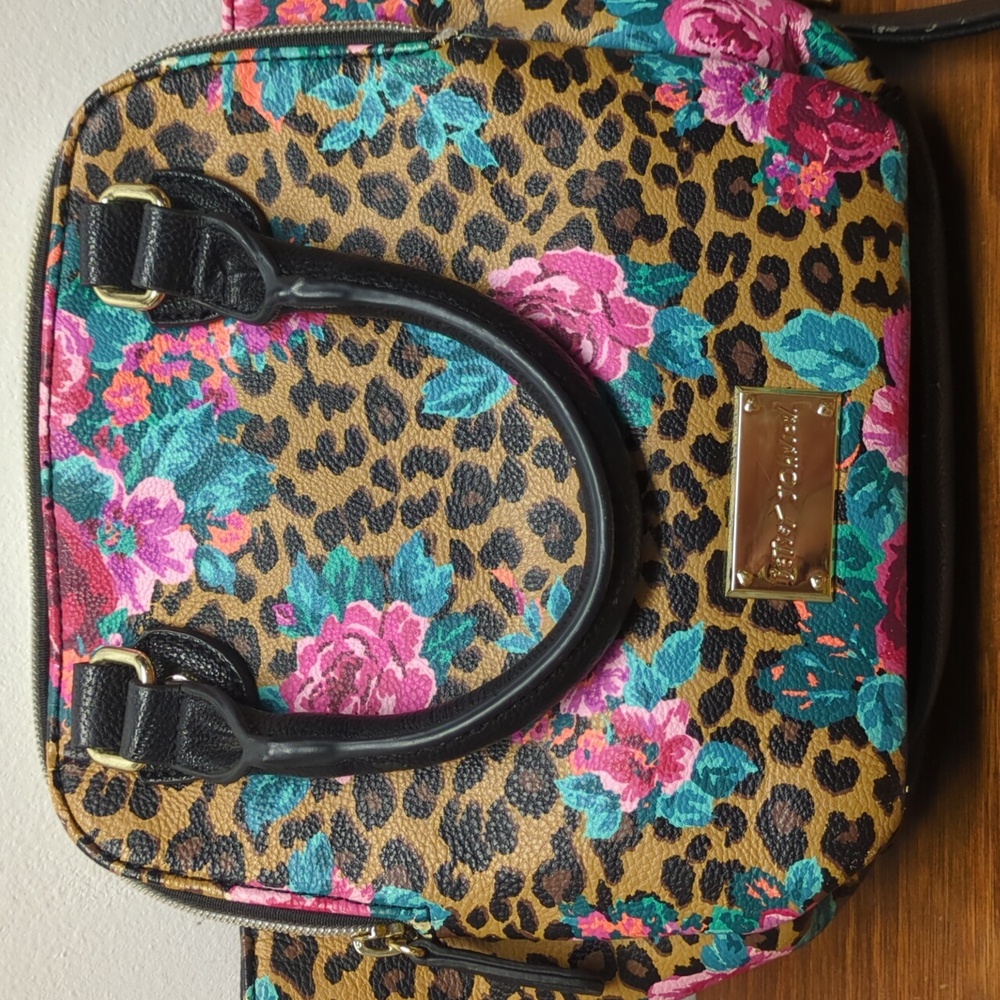 Betsy Johnson Satchel handbag leopard & flowers Bowler - Picture 2 of 15